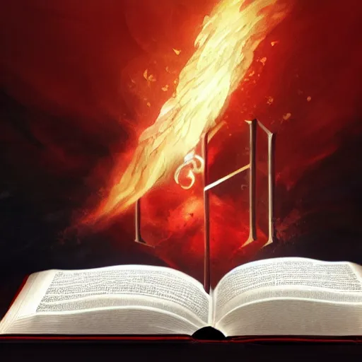 Prompt: white fire hovering over an open Bible icon, red back drop, cgsociety, artstationhq, digital art, detailed