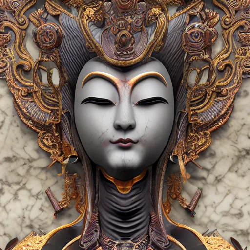 Image similar to naraka buddhist demon korean female, highly detailed, symmetrical long head, smooth marble surfaces, detailed ink illustration, raiden metal gear, cinematic smooth stone, deep aesthetic, concept art, post process, 4 k, carved marble texture and silk cloth, latex skin, highly ornate intricate details, in the style of 8 8 grzes