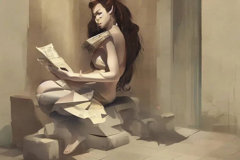 Prompt: seductive goddes reading newspaper in modern city in the style of Durand and greg rutkowski, beautiful, geometric, trending on artstation, cinematic