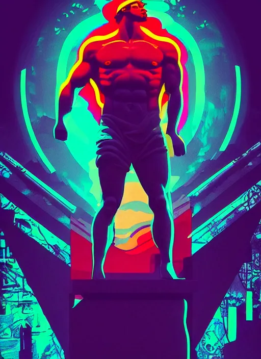 Image similar to statue of hercules, heroic, beeple, android jones, dan mumford, vaporwave, retrowave, black background, neon wiring, black, glitch, strong contrast, cuts, pinterest, trending on artstation