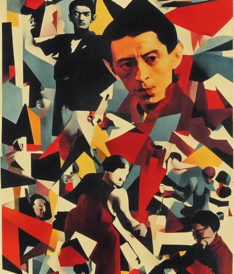 Image similar to Beautiful colorful Bauhaus Kung Fu Movie Poster made for the film Franz Kafka's Brutal Reckoning (1997) Starring Steve Buscemi and Jackie Chan, minimalist gouache and ink and photo collage by Man Ray and Diane Arbus, Vivid color trending on artstation Cinematic lighting bauhaus collage!! 8k