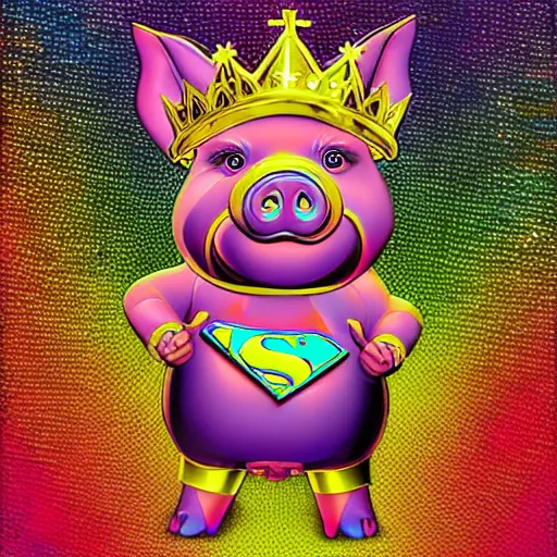 Prompt: lisa frank superhero pose pig wearing a gold crown holding 3d rectangles painting by android jones