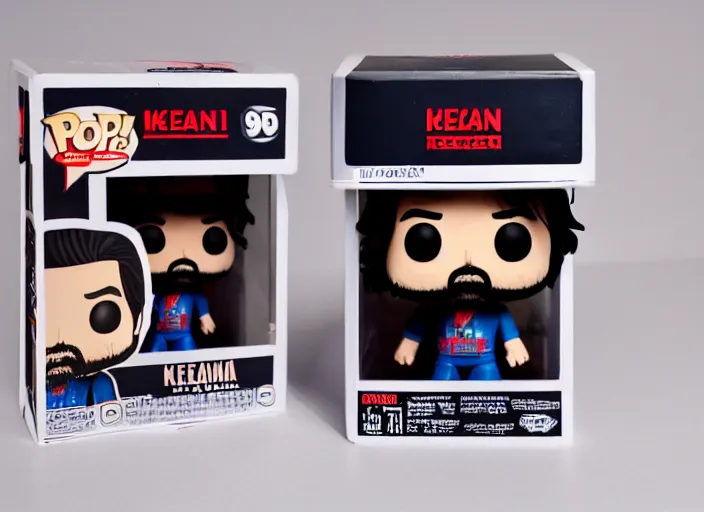 Image similar to product still of Keanu Reeves funko pop with box, 85mm f1.8