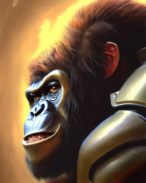 Image similar to winston the ape from overwatch, wearing armor, character portrait, portrait, close up, highly detailed, intricate detail, amazing detail, sharp focus, vintage fantasy art, vintage sci - fi art, radiant light, caustics, by boris vallejo