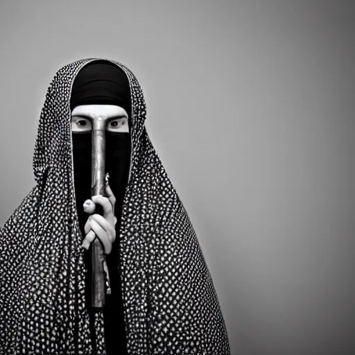 Image similar to 8 k uhd black and white portrait from burqa woman carrying a riffle's, uhd details, national geography winning photo contest