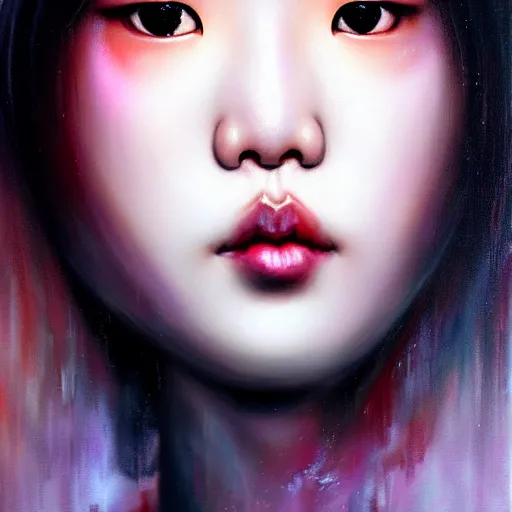 Image similar to roseanne park of blackpink, hyperrealistic portrait, bladerunner street, by karol bak and agnes cecile, fantasy art, photo realistic, dynamic lighting, artstation, poster, volumetric lighting, very detailed face, intricate complexity, rule of thirds, 8 k, award winning