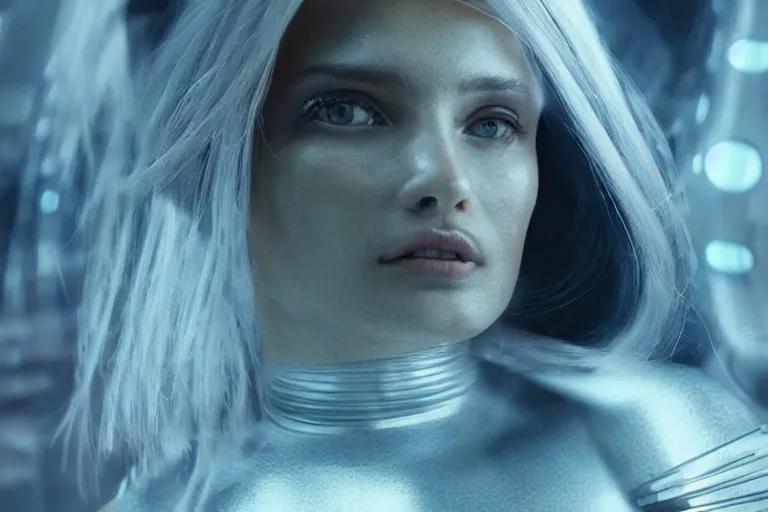 Prompt: VFX movie of a futuristic space woman model gorgeous portrait in inhuman future spaceship, cyberpunk dress, beautiful natural skin natural lighting by Emmanuel Lubezki