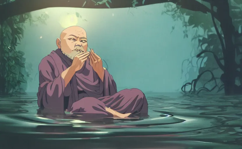 Prompt: a film still portrait of a mauve old monk meditating inside a cubic bubble in a flooded temple jungle. finely detailed features, closeup at the faces, chronenberg, perfect art, grimdark, trending on pixiv fanbox, painted by studio ghibli