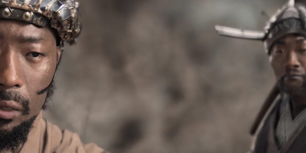 Image similar to a film still of a black man starring in a japanese blockbuster film as san ancient samurai, shallow depth of field, cinematic, award winning cgi, vfx, film still
