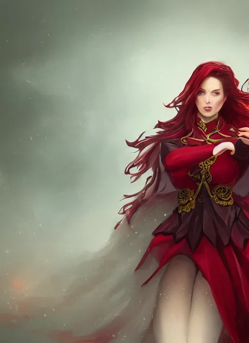 Prompt: a highly detailed illustration of beautiful long dark red haired woman wearing wine red epaulette uniform and coat cape, dramatic floating pose, strings background, intricate, elegant, highly detailed, centered, digital painting, artstation, concept art, smooth, sharp focus, league of legends concept art, wlop