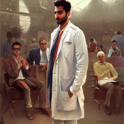 Image similar to Anxious good looking pale young Indian doctors wearing American clothes at the airport, portrait, elegant, intricate, digital painting, artstation, concept art, smooth, sharp focus, illustration, art by artgerm and greg rutkowski and alphonse mucha