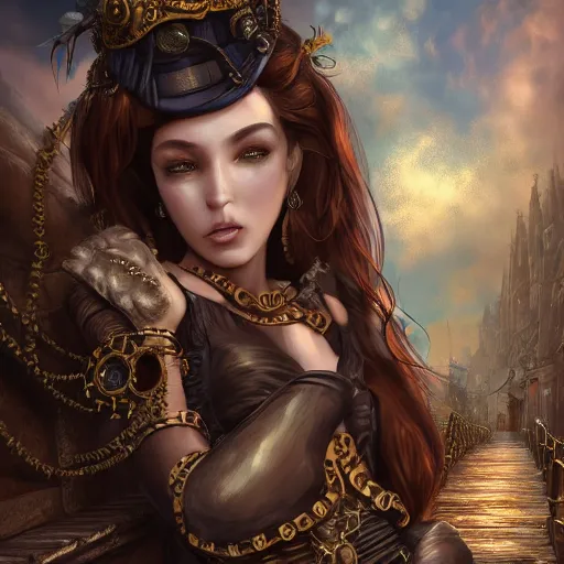 Prompt: fantasy woman in steampunk town, details face, detailed body, unreal engine, by popular digital artist, digital, artstation, detailed body, heavenly atmosphere, digital art, overdetailed art, trending on artstation, cgstudio, the most beautiful image ever created, dramatic, award winning artwork, beautiful scenery