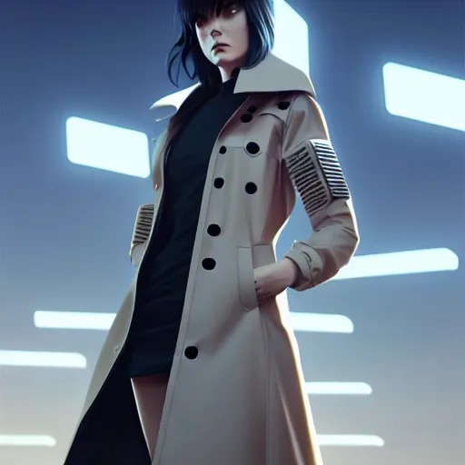 Prompt: realistic render of a cyborg - girl wearing a long trench coat by ross draws, futuristic dystopian city by ilya kuvshinov, digital anime art by ross tran, composition by sana takeda, lighting by greg rutkowski