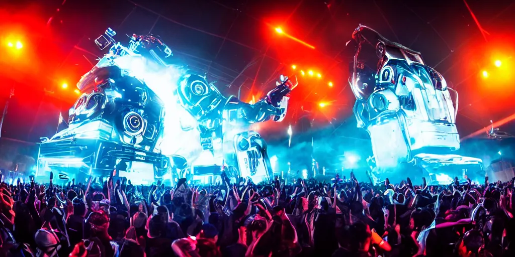 Prompt: the year of 2 0 4 9, the coolest + future + end of the world + edm show, 1 0 0 0 0 peoples watch the dj lives, huge digital robot on the middle of the stage, dance music show, maximum detailed, 2 4 mm fob lens, wide angle,