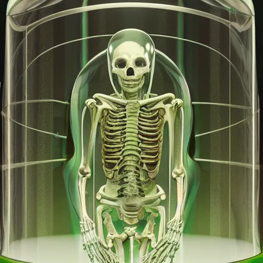 Prompt: a human without skin floating in a circular glass tank, nerves caress the bones of the being, one eye, suspended, green liquid, attached to tubes and cables, hyper real, hyperrealistic, realistic, real, amazing detail, clear image, high octane render, anatomically correct, creepy