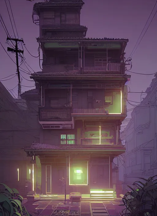 Image similar to highly detailed building villa style in urban area architectural concept in foucs mod by atey ghailan, james gilleard, by joe fenton, by greg rutkowski, by greg tocchini, by kaethe butcher, 4 k resolution, gradient purple, brown black and white color scheme!!! ( ( green flaming robotic sewer background ) )