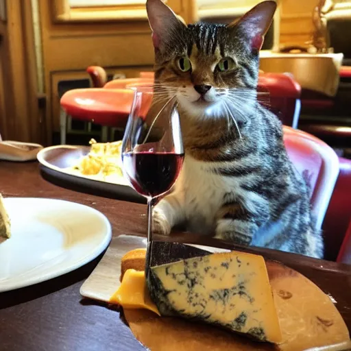 Image similar to Brown tabby cat eating cheese and wine in a Parisian cafe