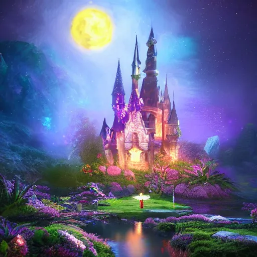 Image similar to a single glittering fairy castle at night, a full moon, water and colourful flowers, extremely detailed oil painting, unreal 5 render, fantasy digital art, octane render, beautiful composition, trending on artstation, award-winning photograph, masterpiece