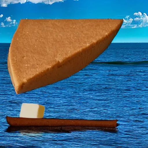 Prompt: a boat made of graham crackers sails across an ocean of hot chocolate, blue sky full of marshmallow clouds, serene, award - winning,