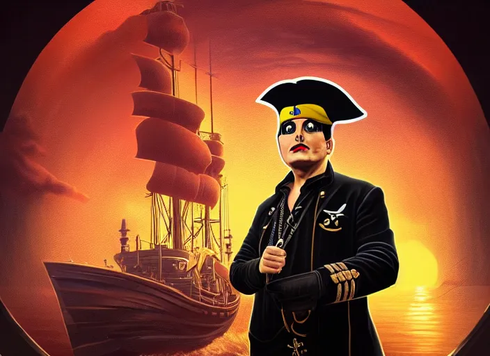 Image similar to highly detailed portrait of a sinister Elon Musk as a dread pirate captain, proudly posing at the helm of his frigate wearing an ornate pirate hat, full body, sinking smoking ship in the background at sunset, artstation, cinematic lighting, hyperdetailed, cgsociety, 8k, high resolution, insanely detailed and intricate, concept art, smooth, sharp focus, illustration, art by John Collier and Albert Aublet and Krenz Cushart and Artem Demura and Alphonse Mucha