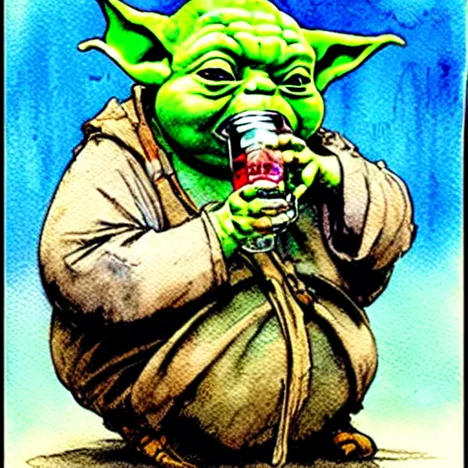 Image similar to a realistic and atmospheric watercolour fantasy character concept art portrait of a fat chibi homeless yoda drinking out of a broken bottle, by rebecca guay, michael kaluta, charles vess and jean moebius giraud