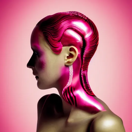 Prompt: Vass Roland cover art body art pose future bass girl unwrapped smooth body fabric unfolds statue bust curls of hair petite lush front and side view body photography model full body curly jellyfish lips art contrast vibrant futuristic fabric skin jellyfish material metal veins style of Jonathan Zawada, Thisset colours simple background objective