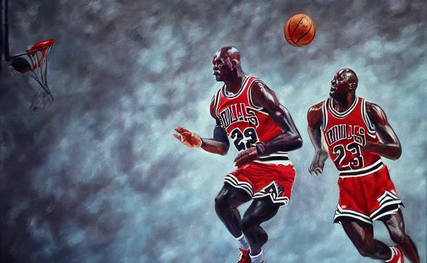 Image similar to beautiful painting of Michael Jordan playing basketball, NBA Finals, oil painting, masterpiece, highly detailed and ultra realistic, trending on artstation