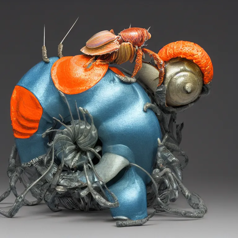 Prompt: hyperrealistic sculpture of a bronze chambered nautilus hermit crab dusted with blue and orange spraypaint in a grid cage on a pedestal by ron mueck and duane hanson and lee bontecou, hyperrealistic dramatic colored lighting trending on artstation 8 k