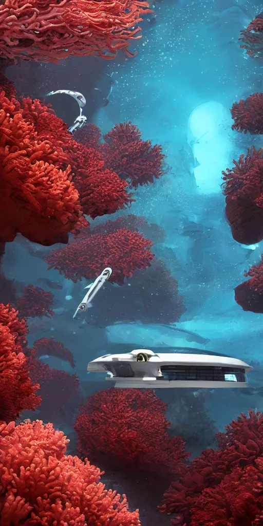 Image similar to white disc - shaped spacecraft submarine, fusion of subnautica and star trek, flying through a spectacular underwater coral canyon, kelp forest, schools of fish, in the style of john eaves ron walotsky ralph mcquarrie, soft natural volumetric lighting, realistic 4 k unreal engine 5 beautifully detailed render, 4 k post processing, trending on artstation