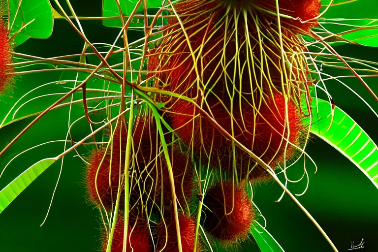 Image similar to jungle of the rambutan, art by ron miller and matthew stawicki and jurgen ziewe, trending on artstation, halfrear lighting microscopic view telephoto lens, cgsociety, final, long exposure, socialist realism