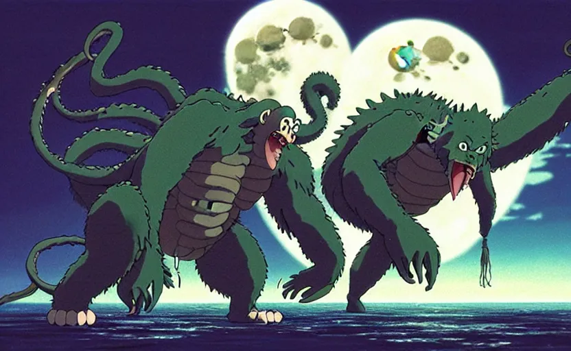 Image similar to a still from a studio ghibli movie of a cartoon cthulhu fighting king kong from princess mononoke ( 1 9 9 7 ), in front of a pale full moon, full body, wide shot, very dull muted colors, studio ghibli, highly detailed, deviantart, art by artgem