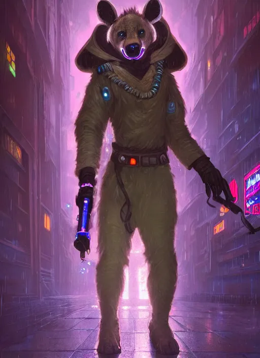 Prompt: beautiful full-body portrait commission of a (female furry anthro spotted hyena fursona wearing jedi robes) (in a cyberpunk city at night in the rain). Neon light. Atmospheric. Renowned character illustration by greg rutkowski, thomas kindkade, alphonse mucha, loish, norman rockwell. detailed, dungeons and dragons character art