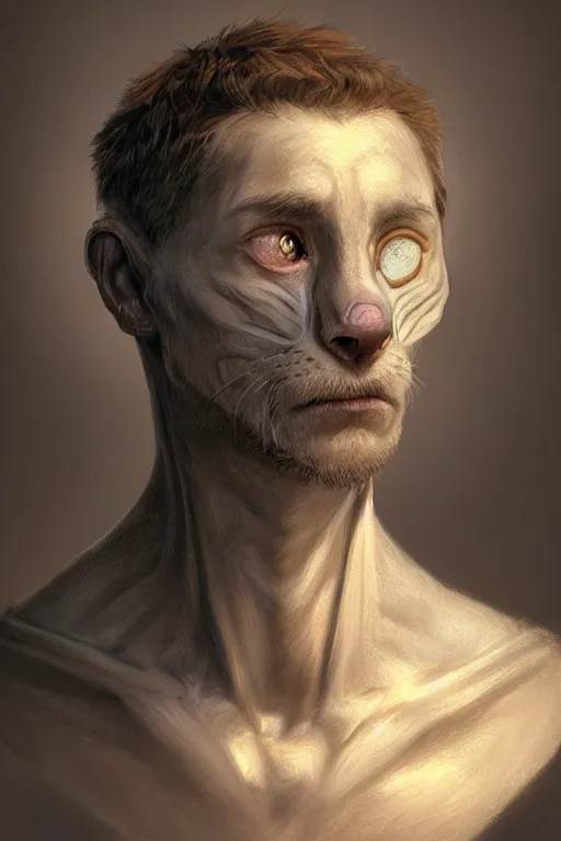 Prompt: bust portrait of human with cat face, head and shoulders, highly detailed, d & d, fantasy, highly detailed, digital painting, trending on artstation, concept art, sharp focus, illustration, global illumination, ray tracing, realistic shaded, art by artgerm and greg rutkowski and fuji choko and viktoria gavrilenko and hoang lap