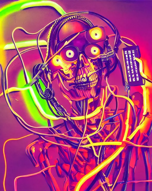 Prompt: xsullo digital painting of cyberpunk skeleton tethered to a bunch of wires and cords and chains wearing a vr headset neon glowing painting