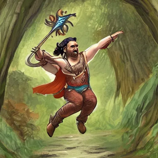 Prompt: a gay bard happily leaping through the forest with arms up, dnd fantasy art