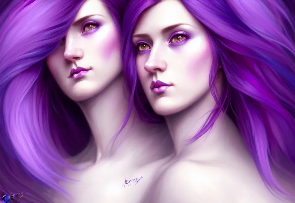 Image similar to Purple hair relistic Portrait of a two woman with bright colored flying hair, all shades of purple. Beauty face, Hair coloring, fantasy, intricate, elegant, highly detailed, digital painting, artstation, concept art, smooth, sharp focus, illustration, art by artgerm and greg rutkowski and alphonse mucha