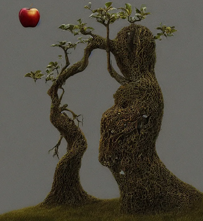 Image similar to anthropomorphic female apple tree, trending on artstation art by zdzislaw beksinski, highly detailed, cg society contest winner