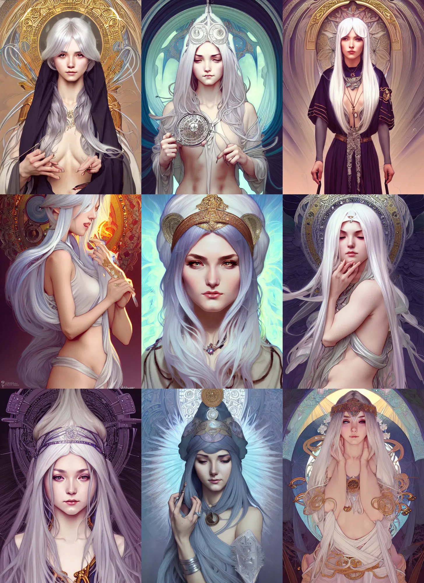 Prompt: A beautiful priestess with silver hair, highly detailed, digital painting, smooth, sharp focus, illustration, art by artgerm and alphonse mucha, high definition digital art, in the style of Ross tran and ilya kuvshinov