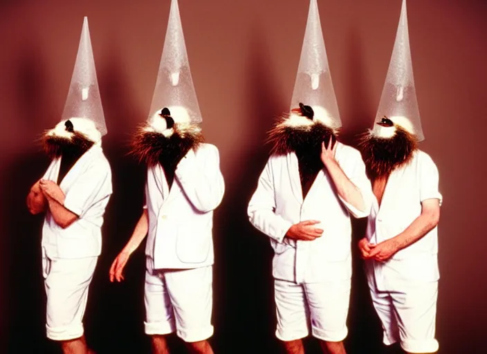 Prompt: realistic photo portrait of a three old hairy scientists wearing white shorts, cone heads, holding crows on their faces covered 1 9 9 0, life magazine reportage photo, natural colors