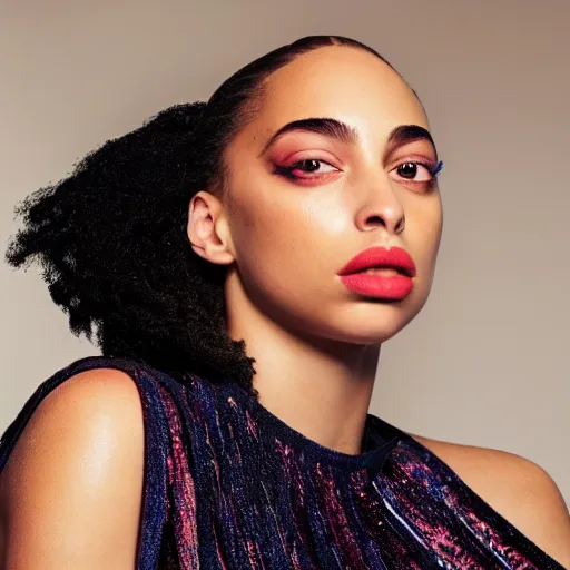 Prompt: a close up studio photographic portrait of jorja smith vibrant on vogue dramatic lighting