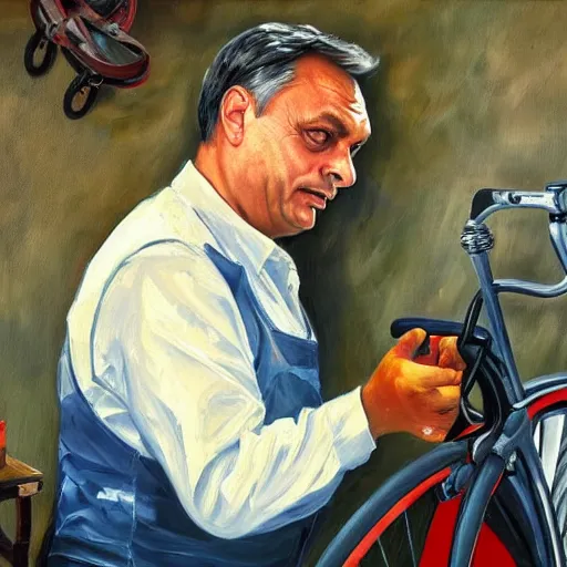 Image similar to viktor orban repairing a bicycle, oil painting