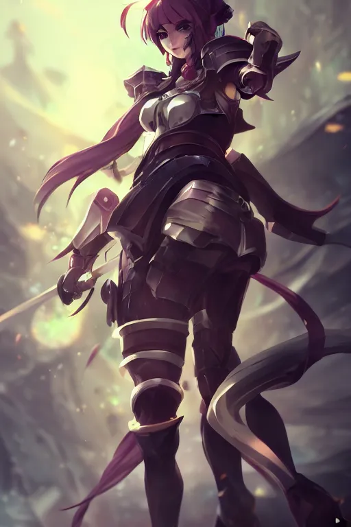 Image similar to pretty armored anime girl in a dynamic pose, one character only, fullbody art, in the style of league of legends, character concept art, by WLOP, trending on artstation