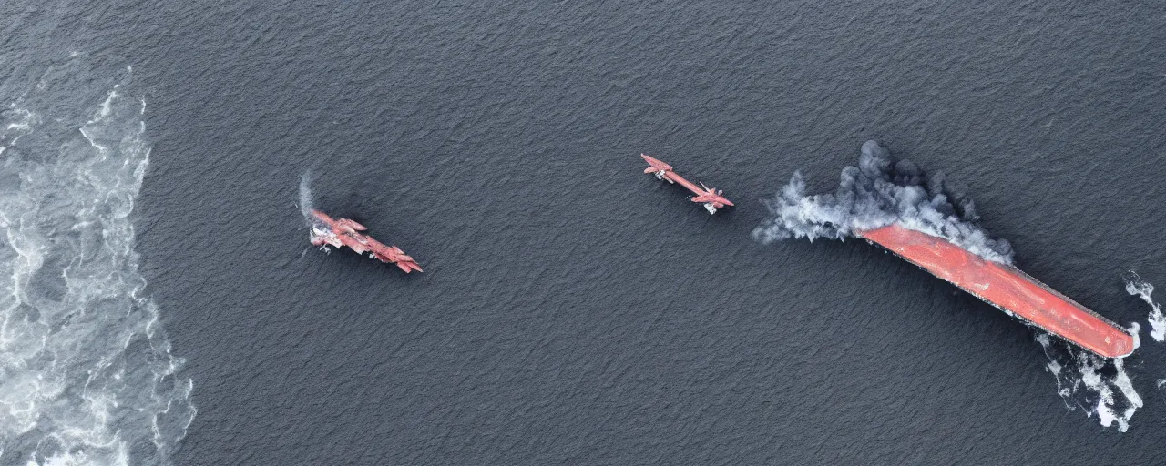 Image similar to low angle cinematic aerial shot of abandoned aircraft carrier attacked by godzilla in the middle of black sand beach in iceland