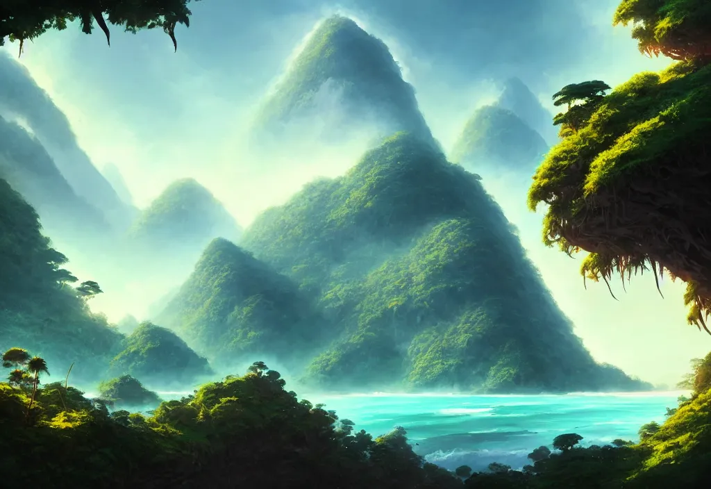 Image similar to beautiful mountain island covered in jungle with a small town, epic blue sky, ocean, cinematic view, concept art, high detail, well lit, volumetric, godrays, vivid, trending on artstation, by jordan grimmer, art greg rutkowski