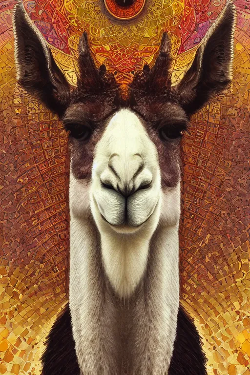 Prompt: Anthro Portrait of a Llama, Chakra Diagram, sacred geometry, detailed, intricate, elegant, highly detailed, digital painting, artstation, concept art, smooth, sharp focus, illustration, art by artgerm and greg rutkowski and alphonse mucha, daily deviation, IAMAG, masterpiece anthro portrait of a stylized llama