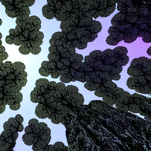 Image similar to looking up at trees from ground level, trees parted in shape of mandelbrot set, artstation