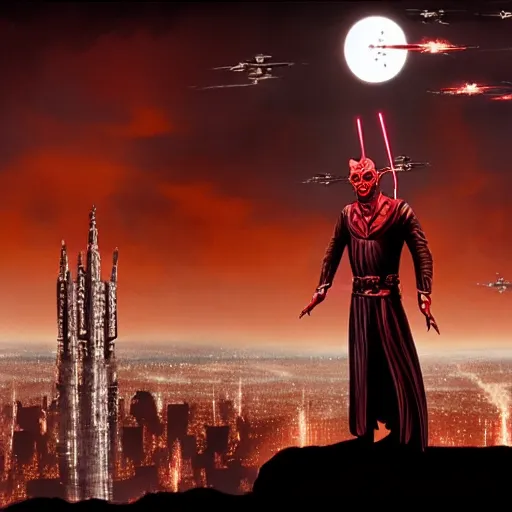 Prompt: Darth Maul overlooking coruscant, artwork by tim burton