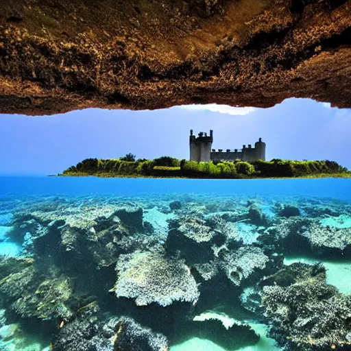 Prompt: castle half submerged in the sea