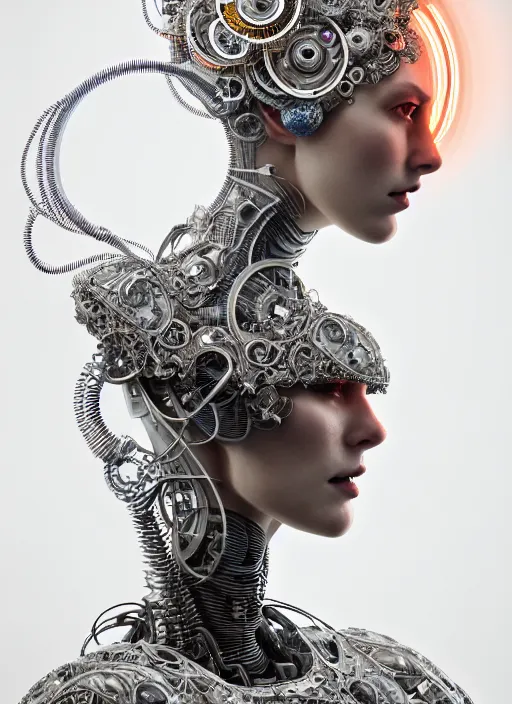 Prompt: portrait of an absurdly beautiful, graceful, sophisticated, fashionable cyberpunk mechanoid, hyperdetailed illustration by irakli nadar and vania zouravliov, matt wisniewski style, intricate linework, white porcelain skin, faberge, coral headdress, unreal engine 5 highly rendered, global illumination, radiant light, detailed and intricate environment