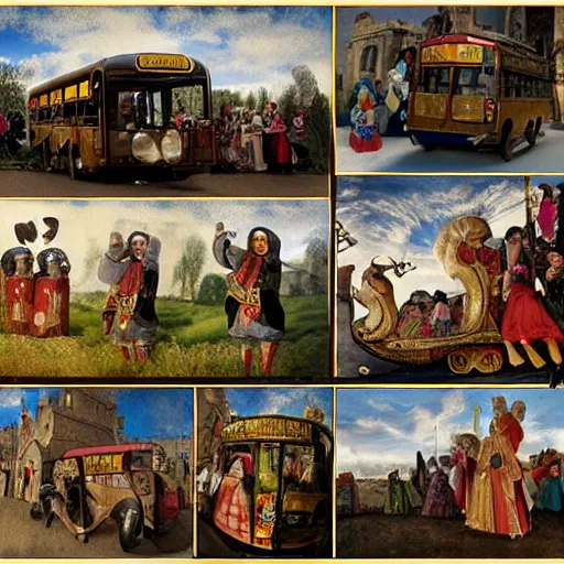 Image similar to medieval bus carrying jesters, collage